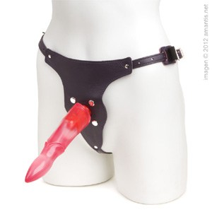 Arnés de cuero con pene de gelatína y dos conos, anal y vaginal
