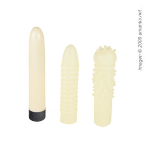 Kit Vibrador con dos fundas. Brilla en la oscuridad